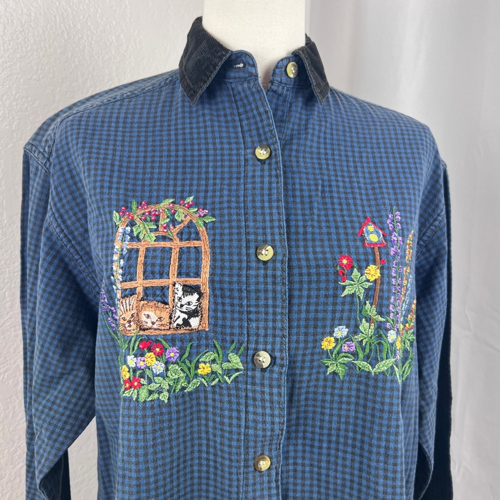 Vintage Cat Floral Button Down Top Womens Small Blue Gingham Cottagecore Granny